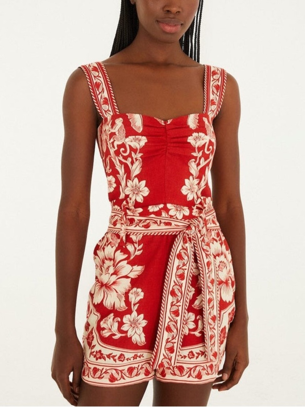 NEW FARM Rio Red Guanacaste Belted Euroflax™ Romper Tropical Floral Linen XL